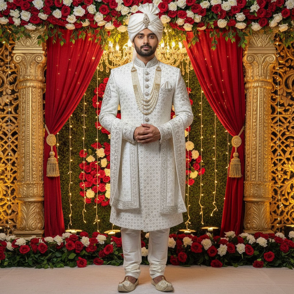 Premium White Jamawar Sherwani