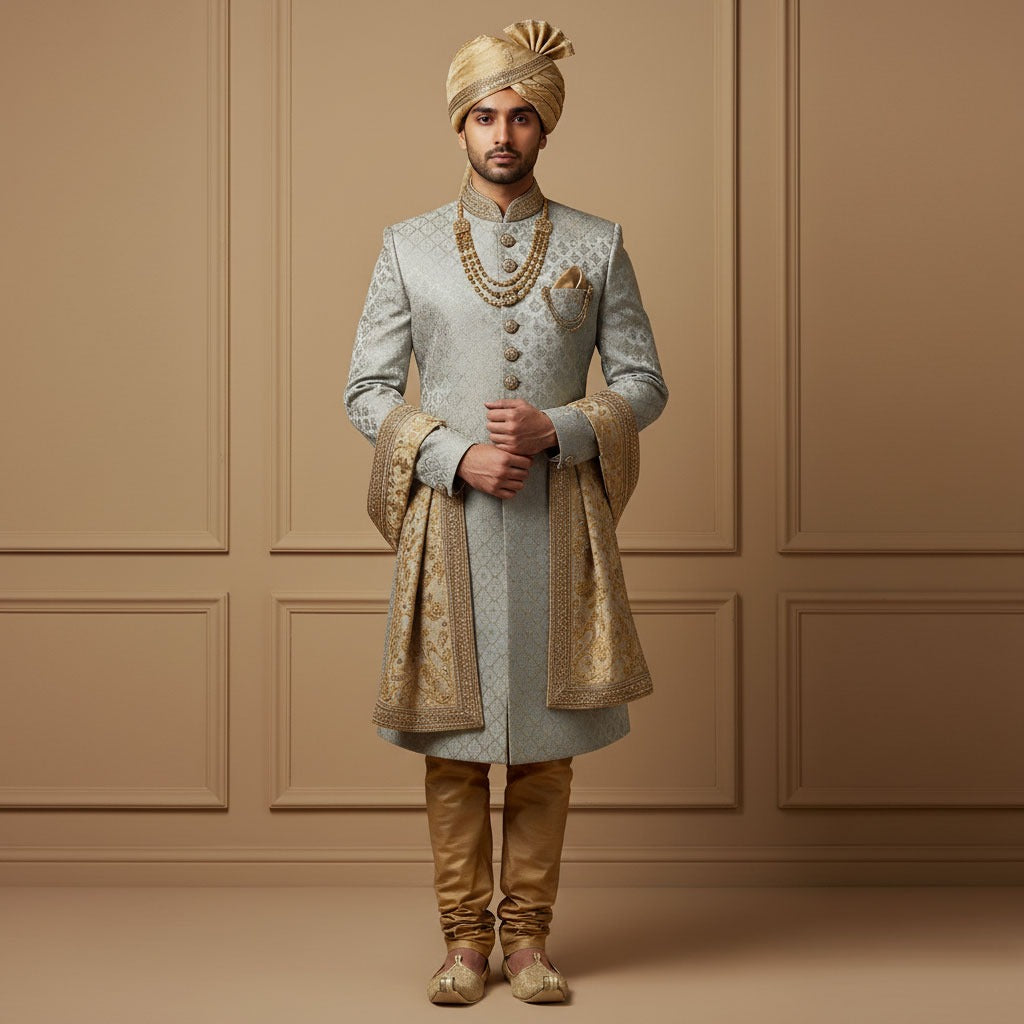 Elegant Silver Grey Sherwani (Jamawar Collection)