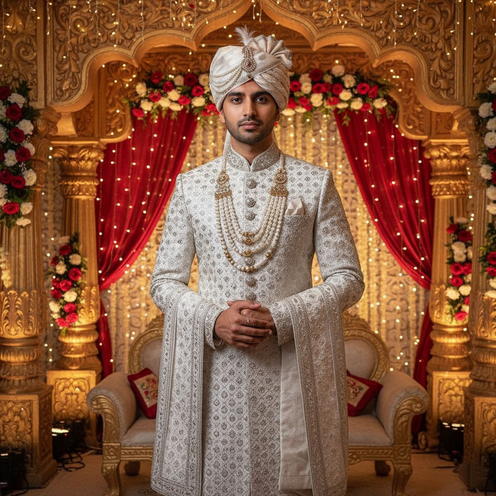 Premium White Jamawar Sherwani