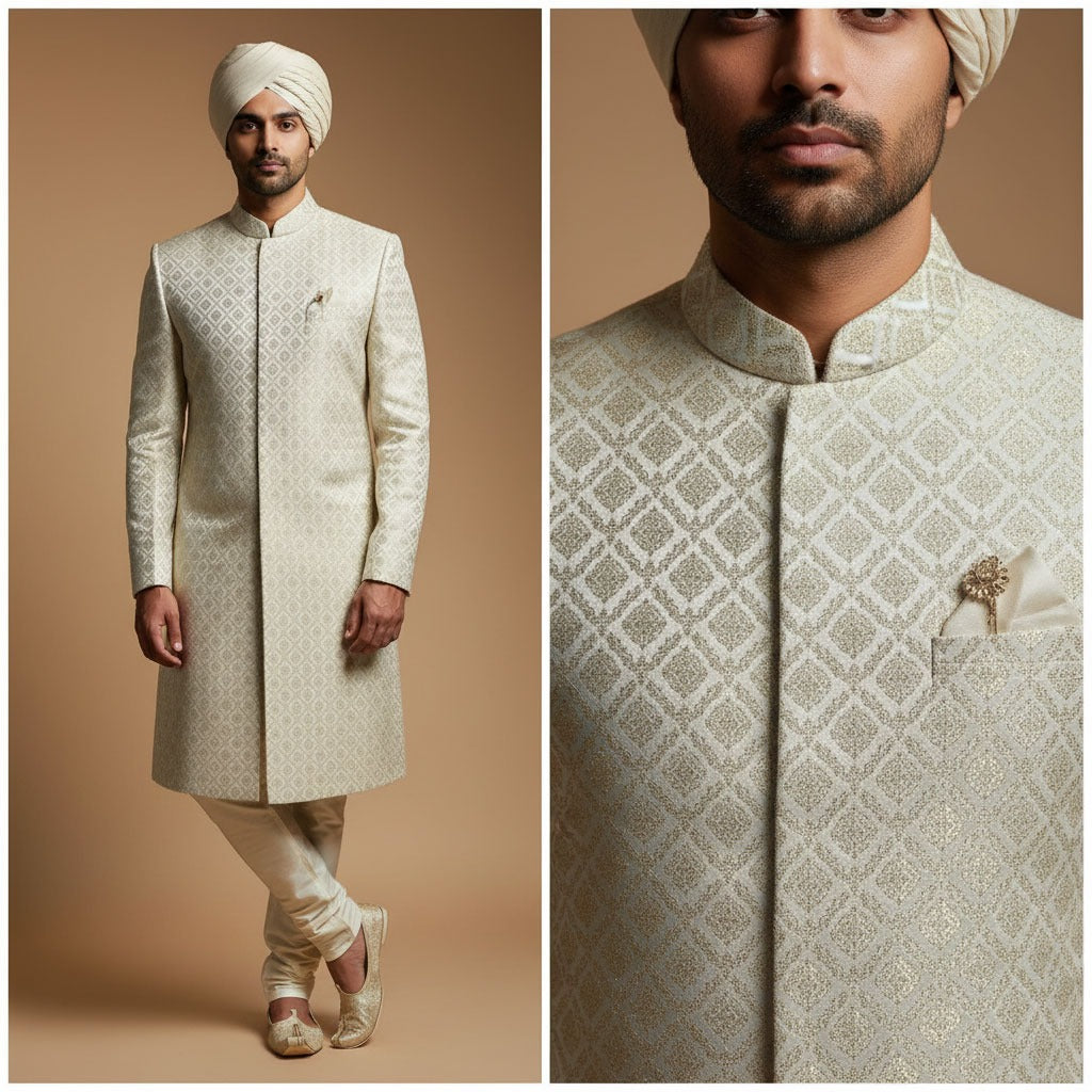 Premium White Jamawar Sherwani