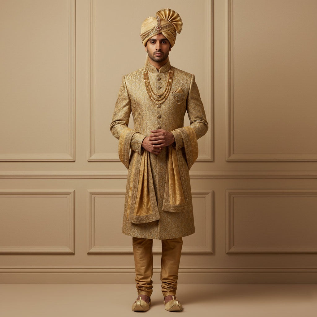 Premium Golden Jamawar Sherwani – Ceremonial Wear