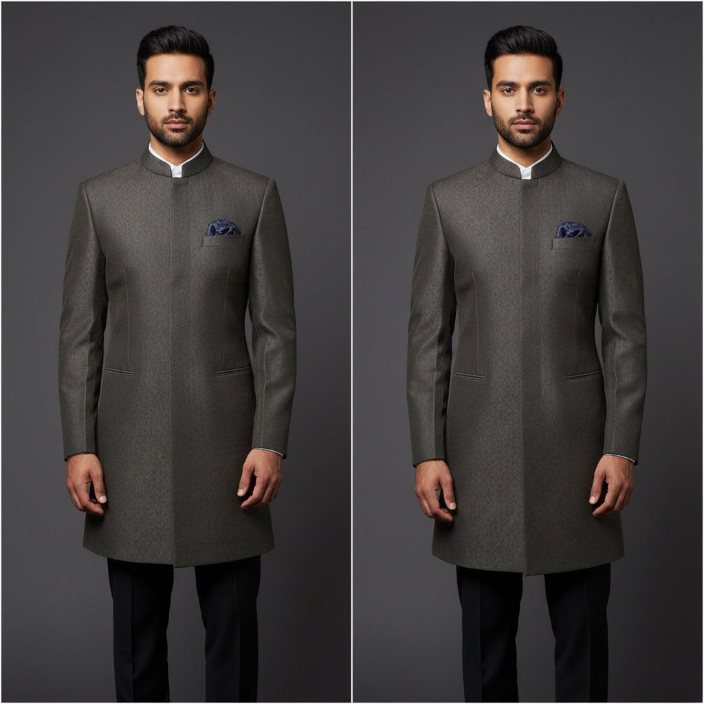 Premium Dark Grey Jamawar Sherwani – Ceremonial Wear