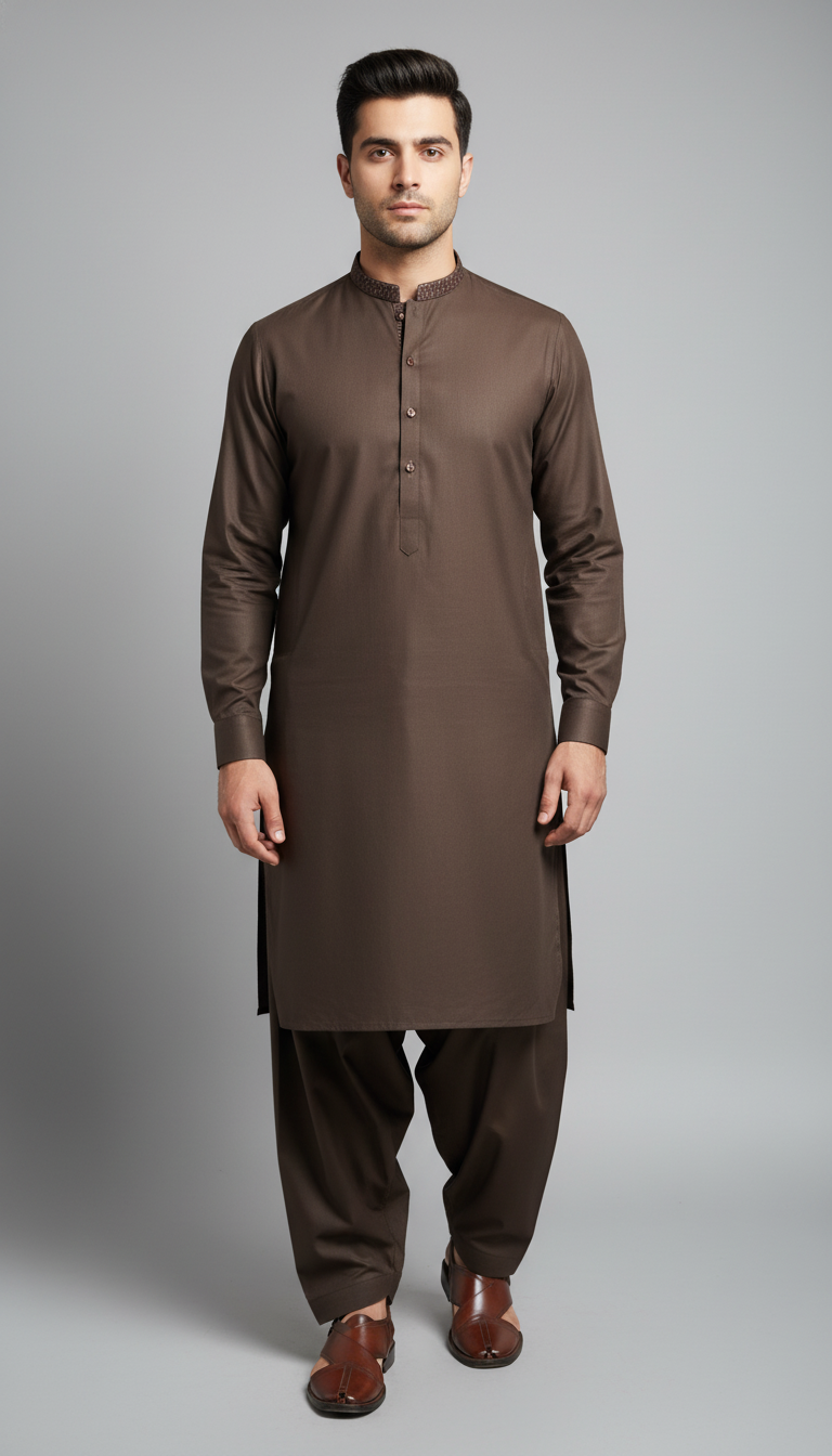 Stitched Shalwar Kameez Germany Swiss (Brown  Embroidered Collar)